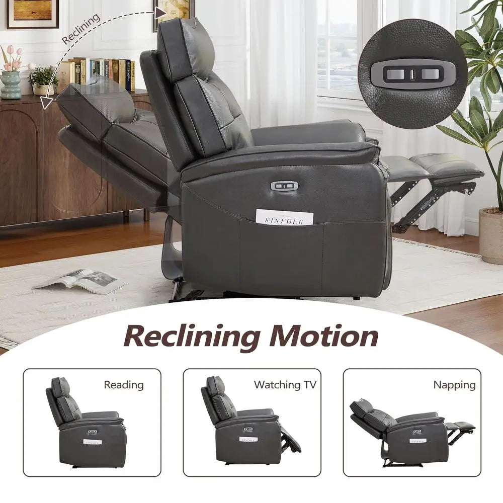 Power Recliner Chair with USB Charge Port, Genuine Leather Electric Reclining Chairs for Adults, Ergonomic Single Recliner Sofa