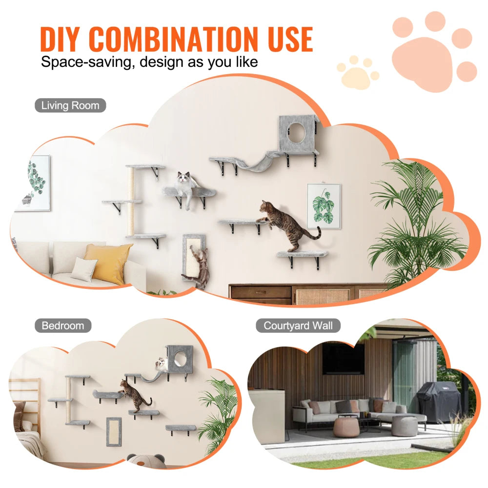 Wall Mounted Cat Shelves Set of 6, Cat Wall Furniture with 2 Jumping Boards, Hammock, Sofa, Cat Tree and Cat Grip, Cat Climbing Shelves and Perches for Sleeping, Playing and Scratching, Supports Cats up to 40 lbs