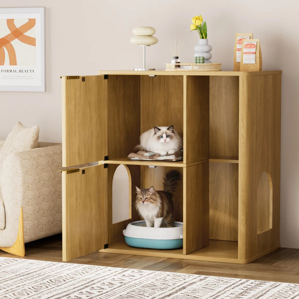 Light Wood Cat Litter Cabinet Cat Tree Grooved Concealed Litter Featuring Dual Cat Doors Storage Shelves Versatile Pet Cabinet