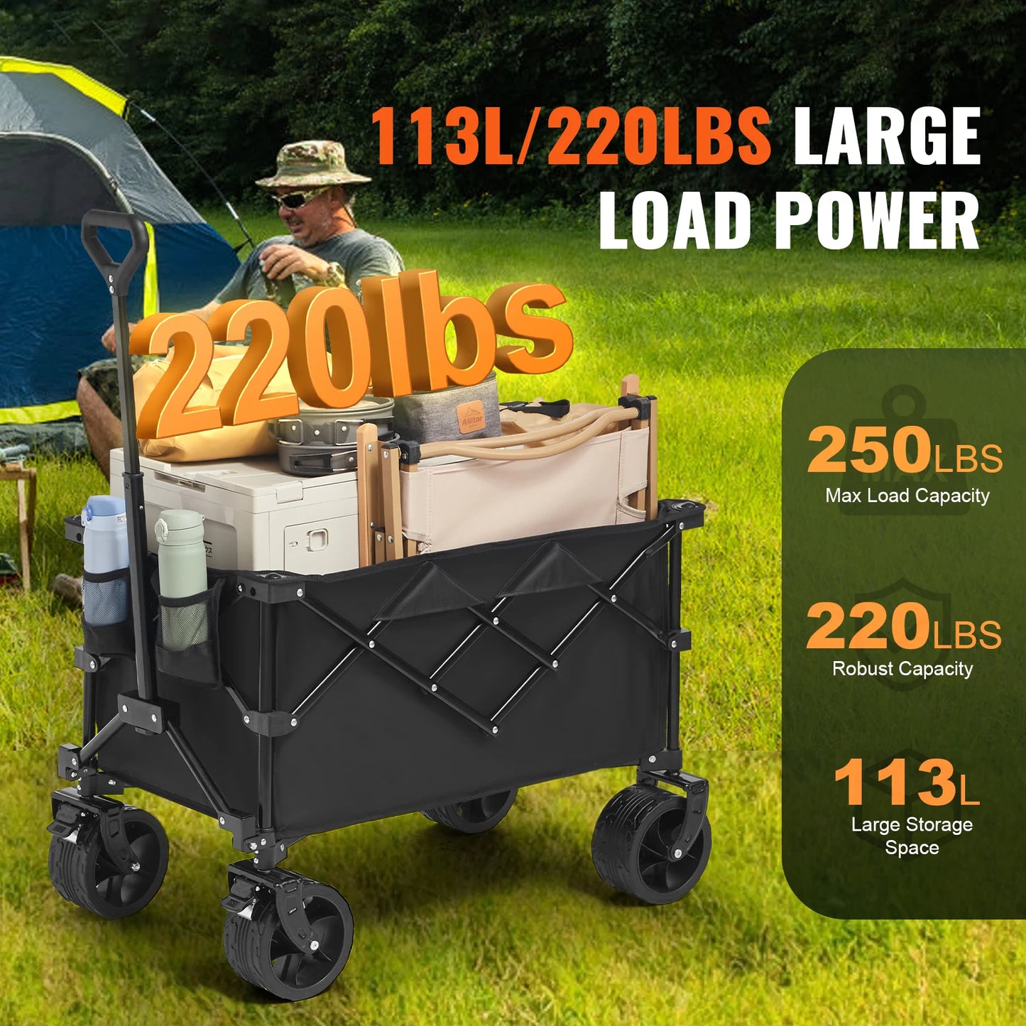 SucceBuy Collapsible Folding Wagon Beach Wagon Cart with All-Terrain Wheels Drink Holder Sport Wagon for Camping Shopping Garden