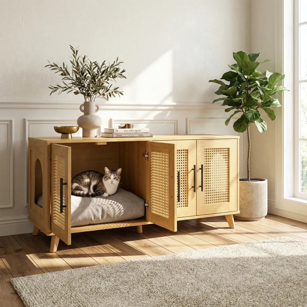 Myra Indoor Premium Rubber Wood Cat Cabinet with Plush Cushion – Stylish Hidden Pet Furniture for Modern Living Spaces Products