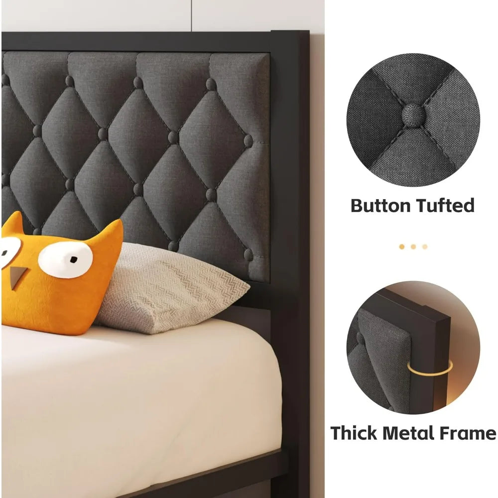 Fluest Linen Upholstered Twin Bed Frame With Headboard And Storage