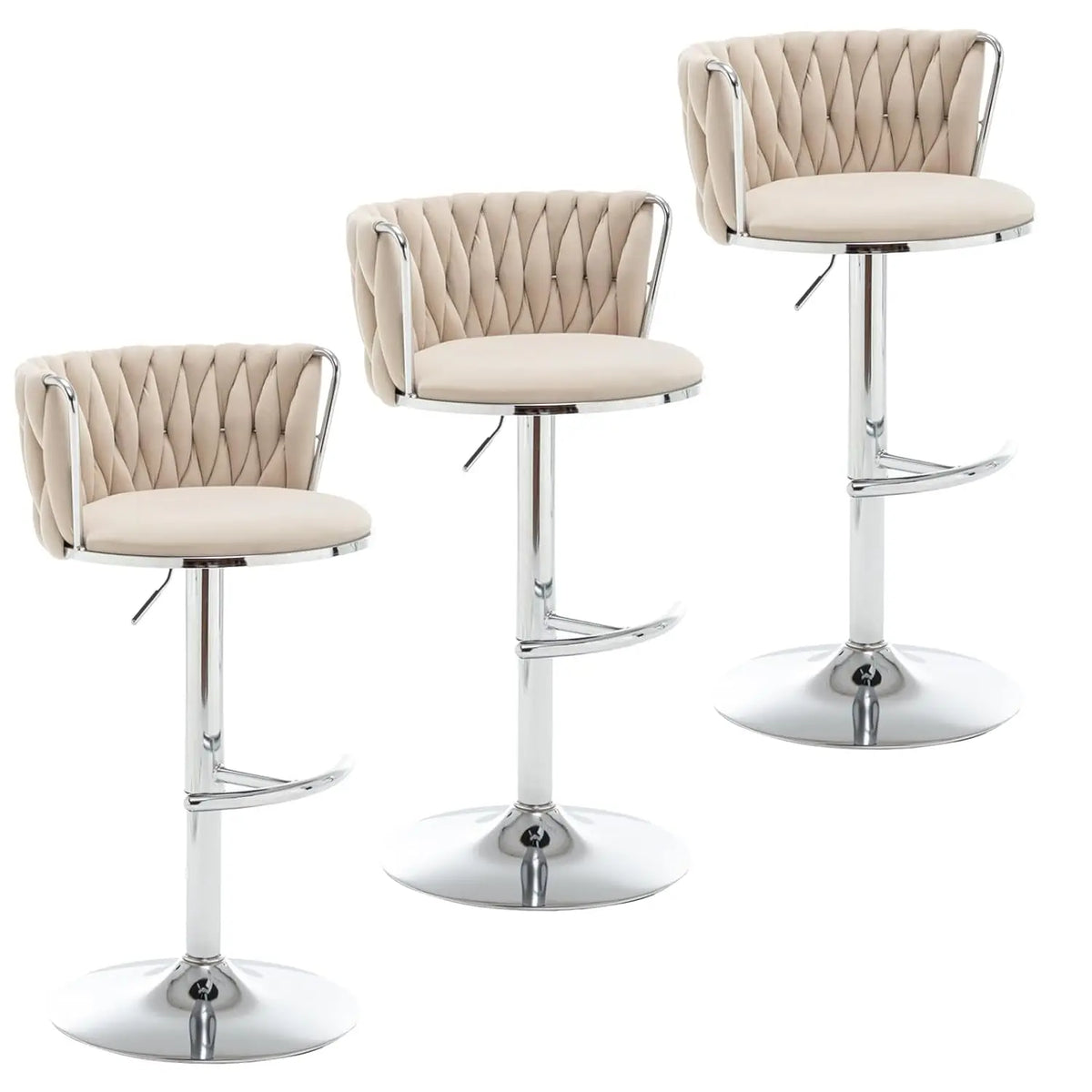 Mid Century Velvet Swivel Bar Stools With Woven Backrest and Support