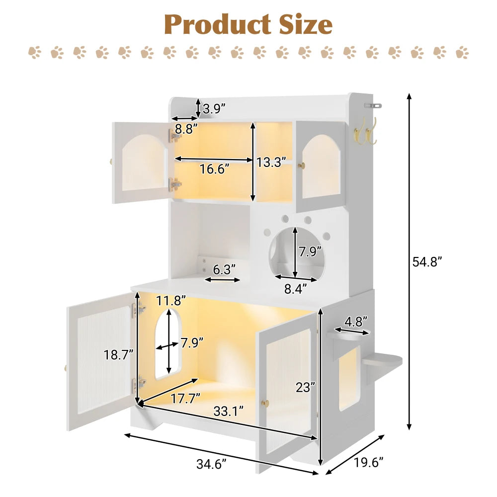 3-Tier Cat Litter Box Enclosure with Storage Cabinet, Hidden Cat Washroom Furniture with Fluted Glass Doors & Climbing Platforms