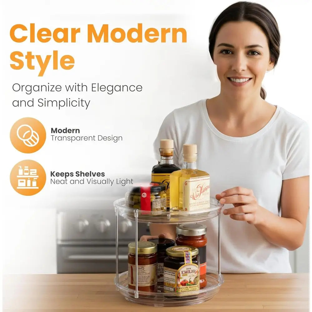 2 Tier Lazy Susan Organizer or Cabinet, Clear Acrylic Rotating Spice Rack Turntable for Kitchen, Pantry, Countertop, Bathroom, V
