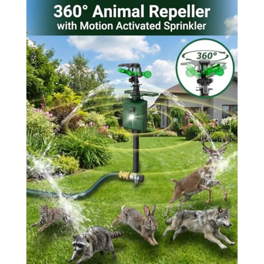 Outdoor motion-activated solar sprinkler for deer, cat, raccoon deterrence; weather-resistant ABS plastic, black finish, 120 de
