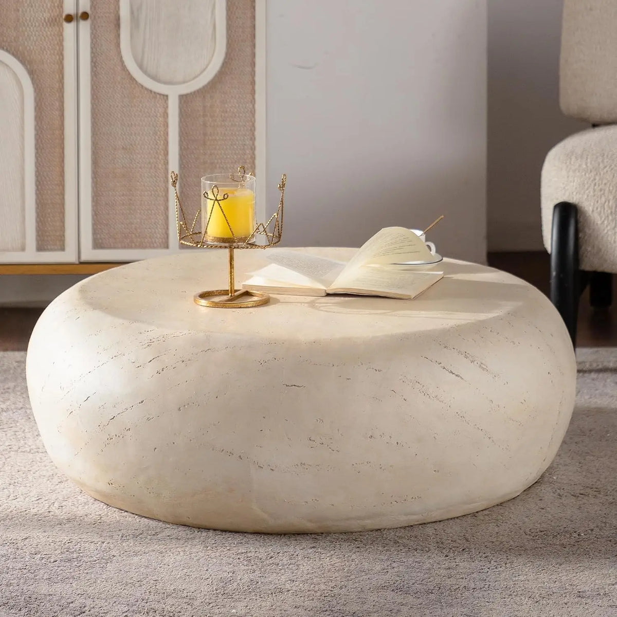 36" Oval Coffee Table, Modern Faux Stone Circle Center Table Accent Travertine Tea Table for Living Room, Magnesium, Customized
