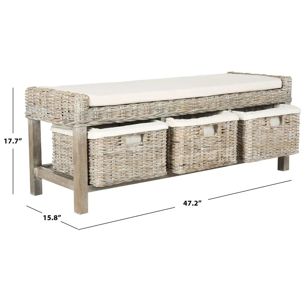 FOX6537A Home Collection Kobutsu Rattan Storage Bench, White Grey Wash