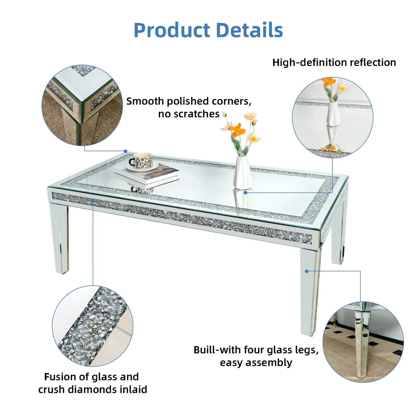 Modern Rectangular Mirrored Coffee Table With Crystal Diamond Inlay Accent