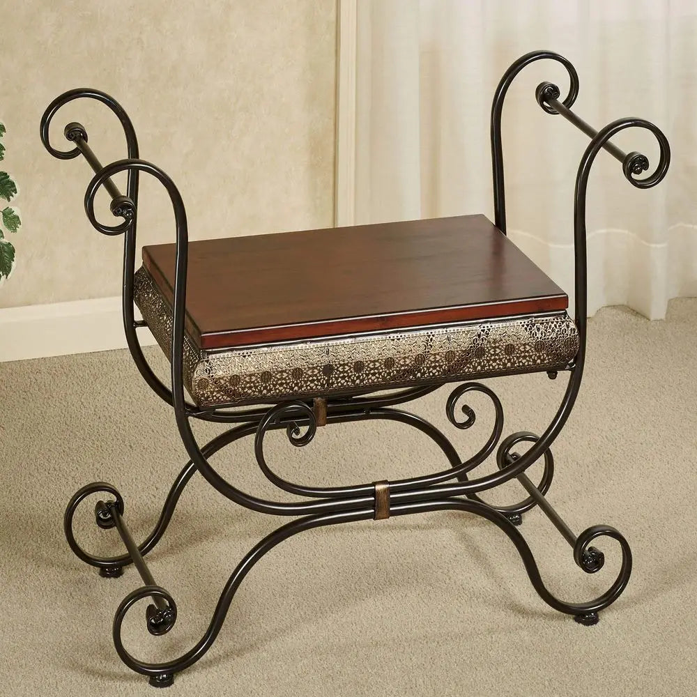 of Class Charleston Ornate Openwork Vanity Bench Stool Bronze Lace Scrolls with Arms Metal with Naturally Cherry Wood Seat Eleg