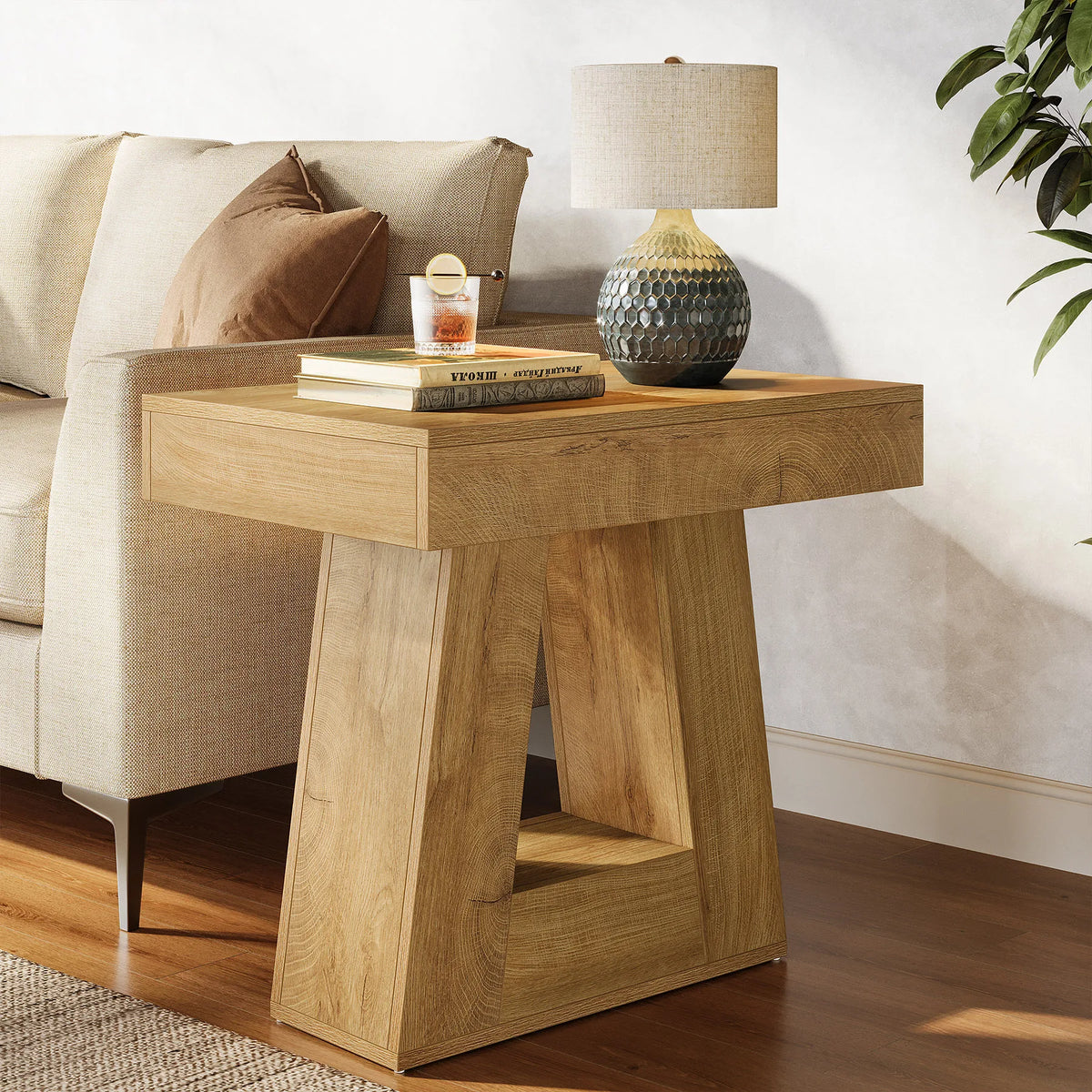 Tribesigns Side Table, 2-Tier Narrow Wooden End Table with Trapezoid Base, Farmhouse Small Nightstand for Living Room, Bedroom