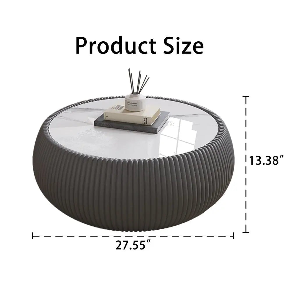 Modern Drum Coffee Table for Living Room Office, White Faux Marble Tabletop, Unique Fluted PU Leather Covered, Round Cocktail C