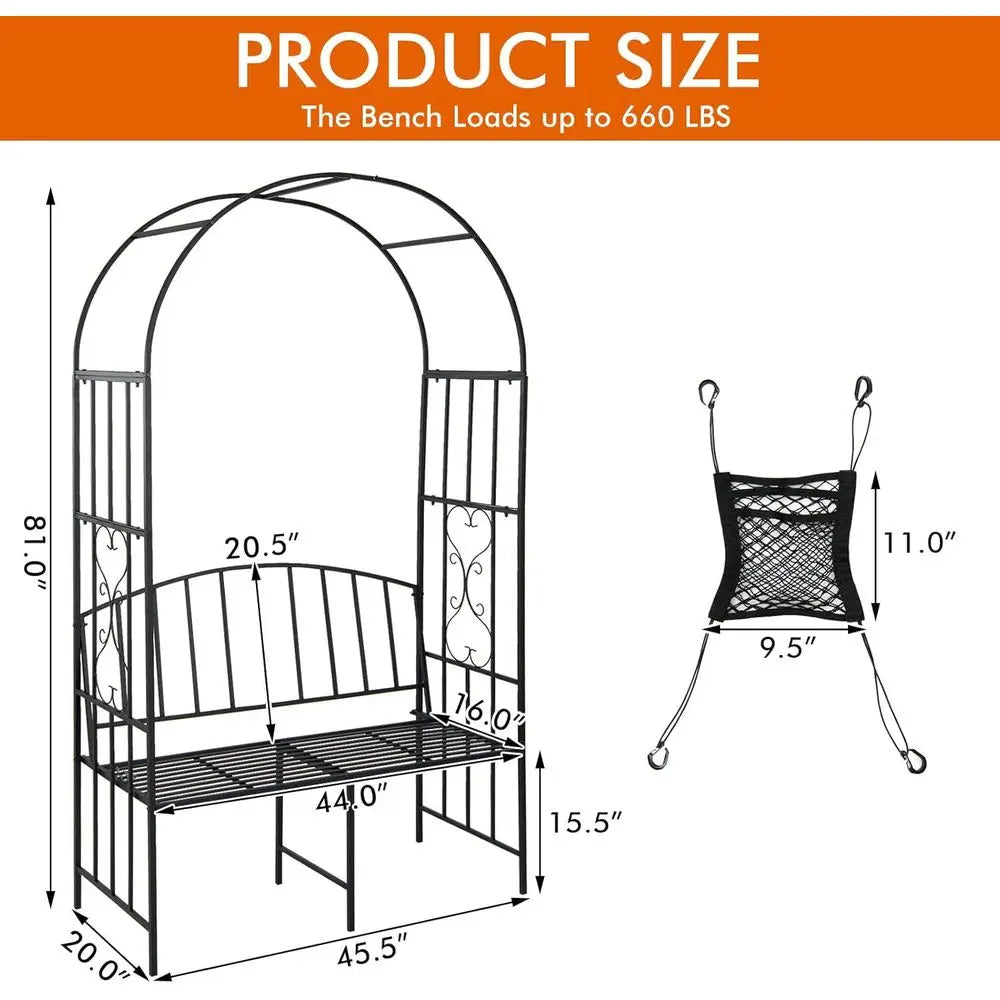 Durable Metal Garden Arch with Bench, Outdoor Arbor Trellis for Climbing Plants, Supports 660 lbs, Ideal for Patio, Weddings & G