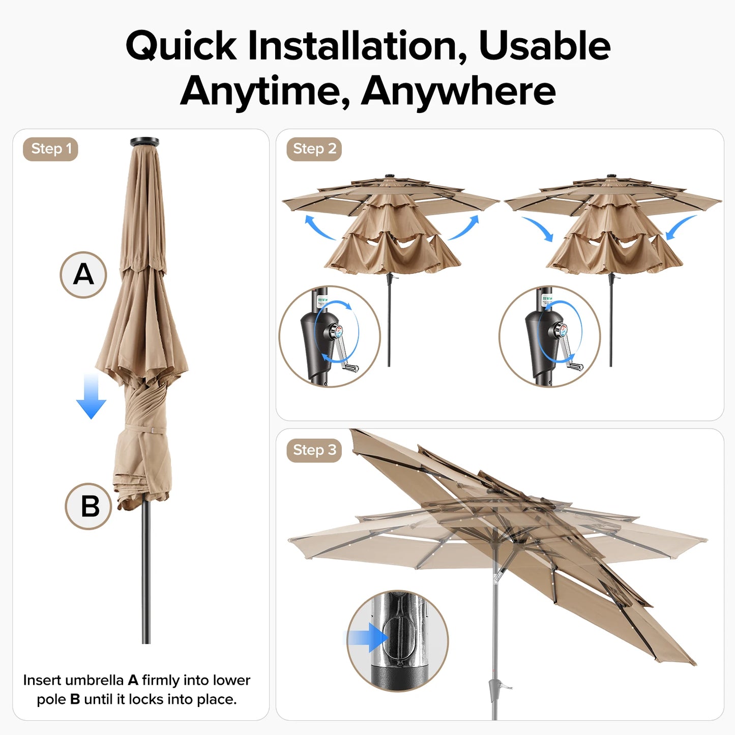 JHK Outdoor Patio Umbrella With 32 LED Lights Crank And Sturdy Ribs