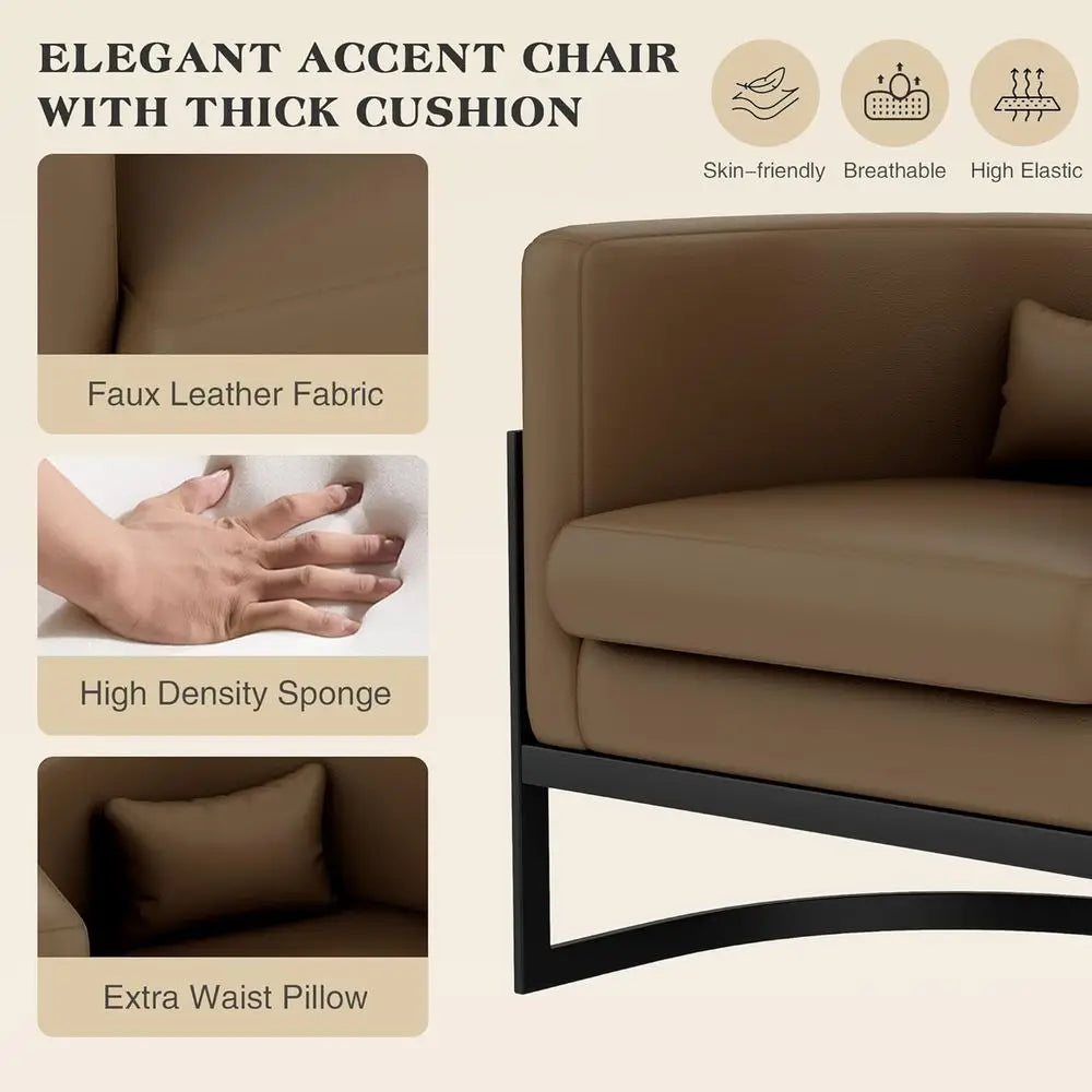 Faux Leather Barrel Accent Chair With Sturdy Metal Legs for Living Rooms