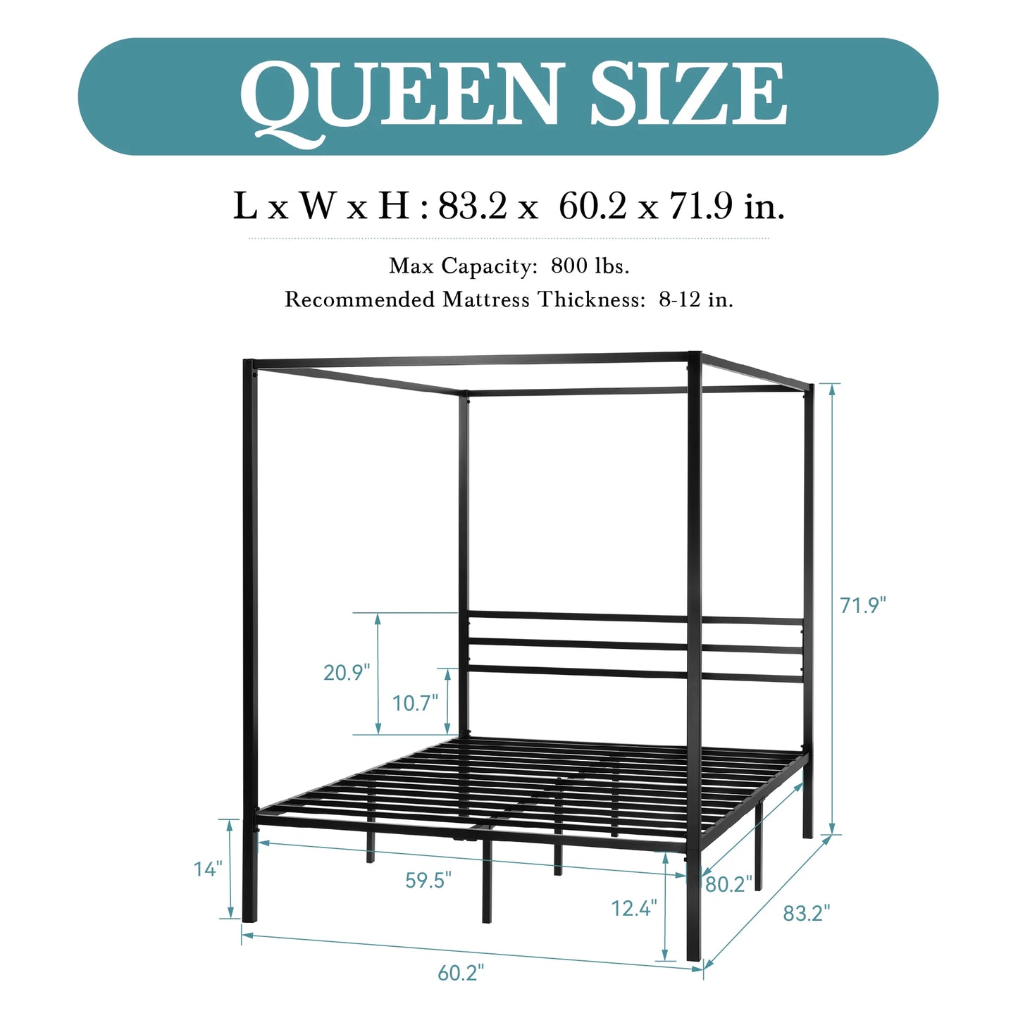 HOOMIC 4-Poster Metal Canopy Bed Frame with Built-In Headboard