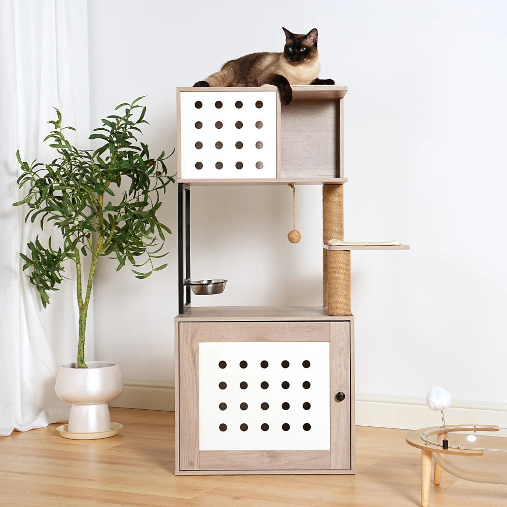 Cat Tree with Litter Box Enclosure, All-in-one Indoor Cat Tower with Hammock Bed Food Station Scratching Posts Pet Furniture