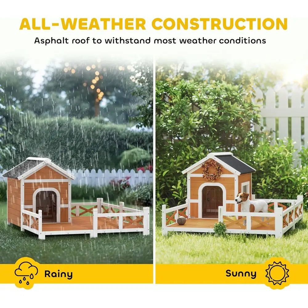 Outdoor Wooden Dog House With Porch And Weatherproof Openable Roof