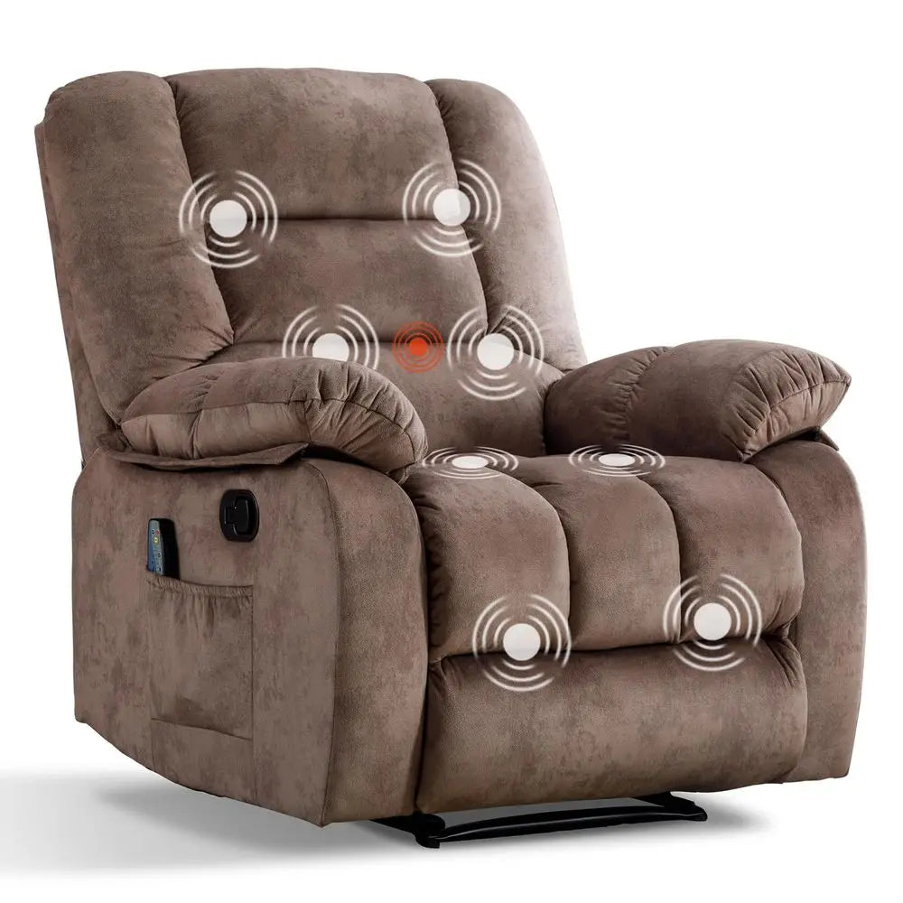 Manual Reclining Chair with Heat and Massage Overstuffed Ergonomic Breathable Fabric, Single Sofa Chair with Side Pockets for L