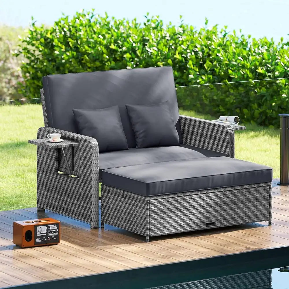 Outdoor Rattan Daybed Set with Loveseat, Storage Ottoman, and Adjustable Backrest for Patio, Deck, or Poolside in Mixed Grey
