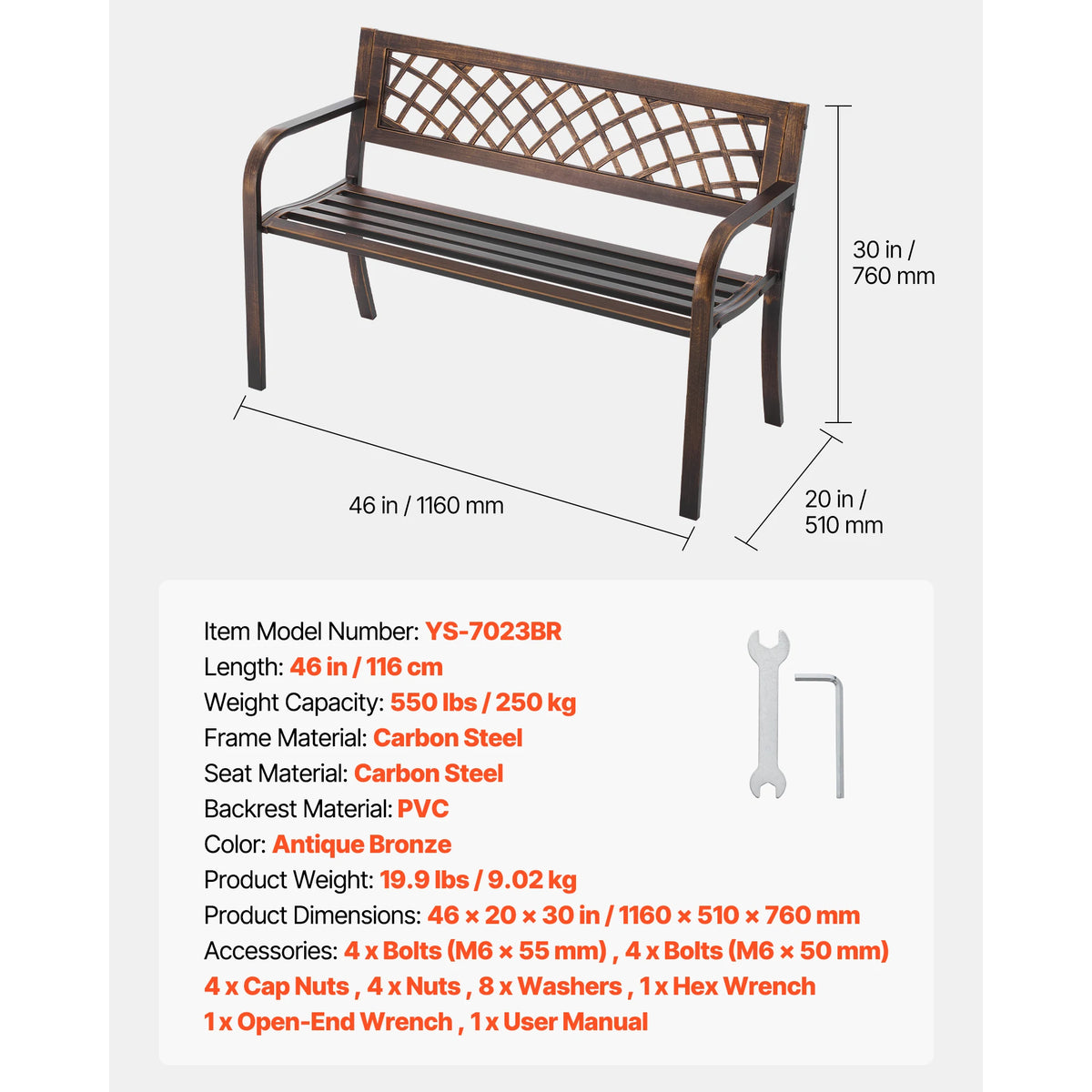 SucceBuy Outdoor Bench Carbon Steel Metal Frame with Backrest and Round Edge Armrests Weatherproof Outside Bench for Patio Park