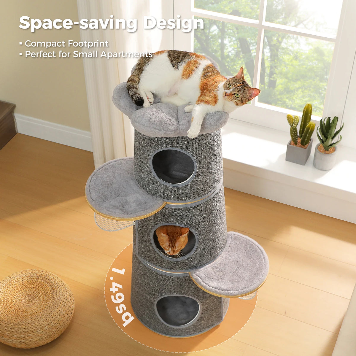 Modern Cat Tree with 3 Large Condos Aesthetic Cat Tower with Flower Perch Metal Frame Full-Wrap Scratching Pad Multi-Level Cat Bed House Wood Cat Furniture for Indoor Cats