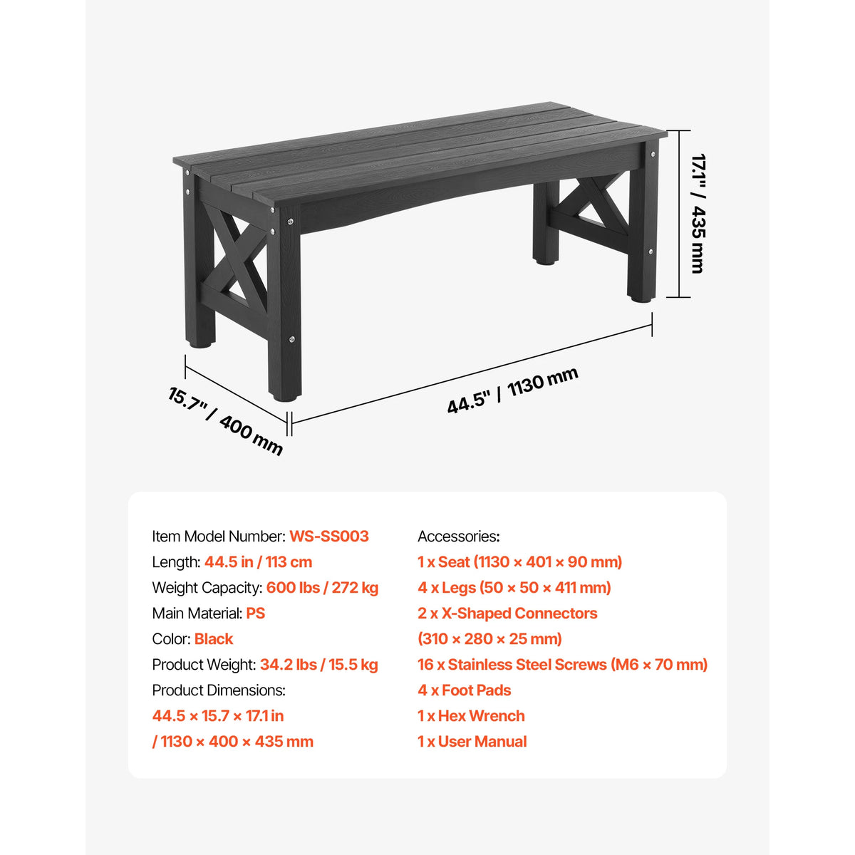 SucceBuy Outdoor Bench Carbon Steel Metal Frame with Backrest and Round Edge Armrests Weatherproof Outside Bench for Patio Park