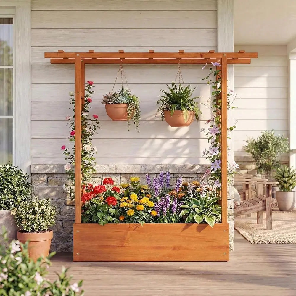 Garden Bed With Trellis, Wood Planter Box W Trellis, Hanging Roof, Drainage Holes, Freestanding Planter Raised Bed For Outdoor