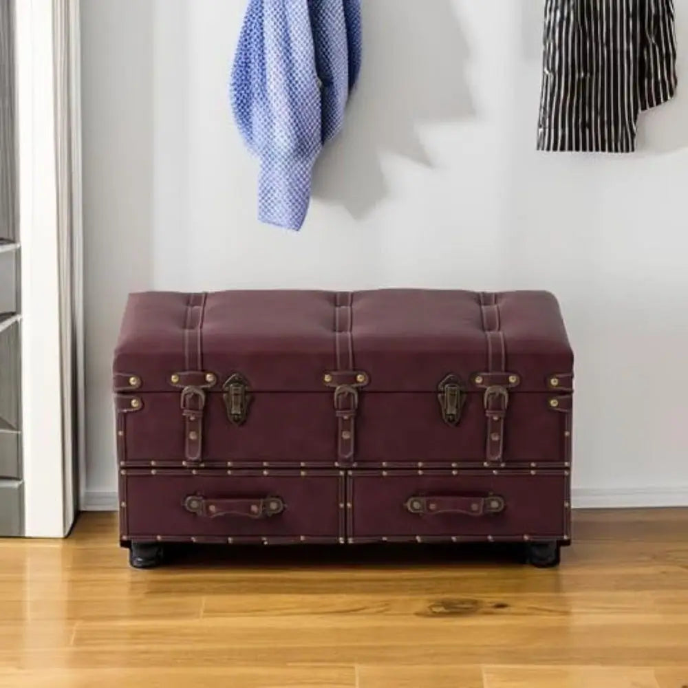 Set of 2 Vintage MidCentury Storage Ottoman Bench Upholstered Padded Chest for Entryway, Bedroom, Living Room Dark Magenta