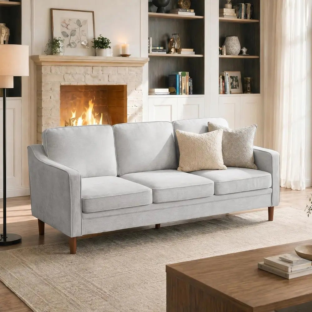 80 Chenille Sofa, 3 Seater Couch, Mid Century Modern Couches with Solid Wood Legs for Living Room amp Bedroom, Silver Gray