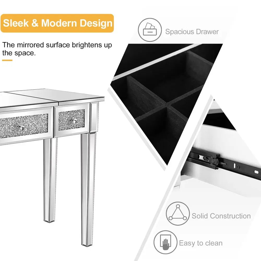 Mirrored Vanity Table, Silver Vanity Desk with FlipUp Mirror, 3 Drawers, Glass Crushed Diamond, Bling Mirror Vanity Desk for Wo
