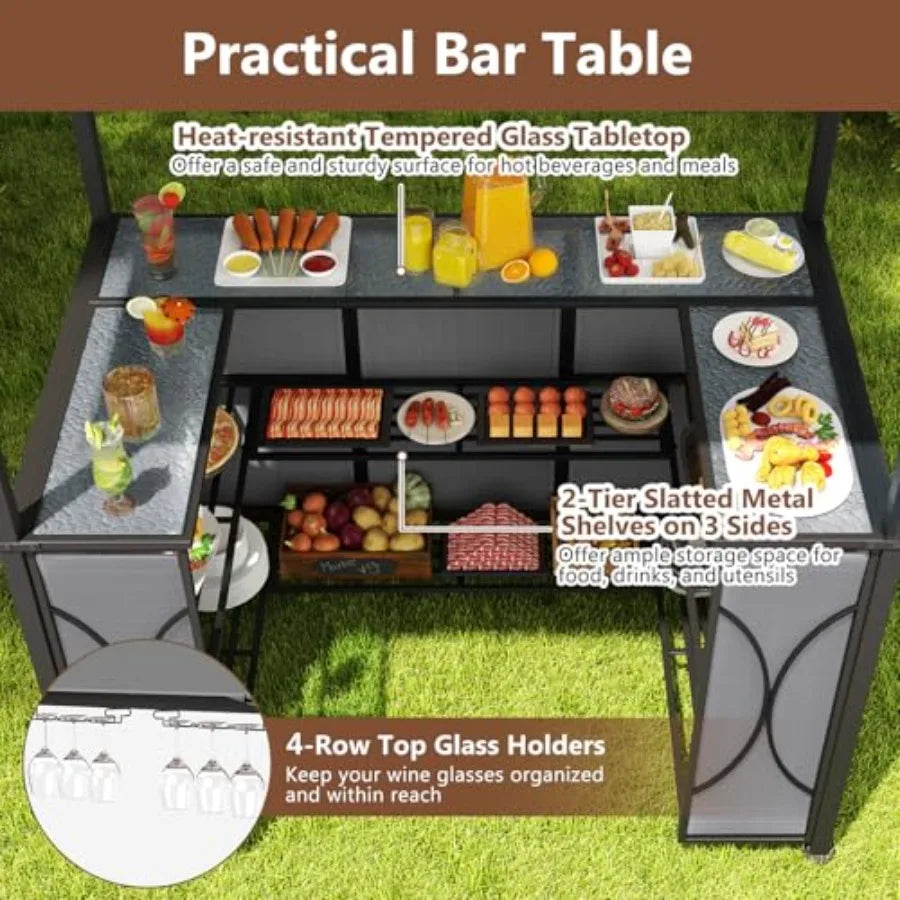 3-Piece Patio Bar Set for outdoor dining: grey powder-coated metal frame, tempered glass bar table, integrated glass holders an