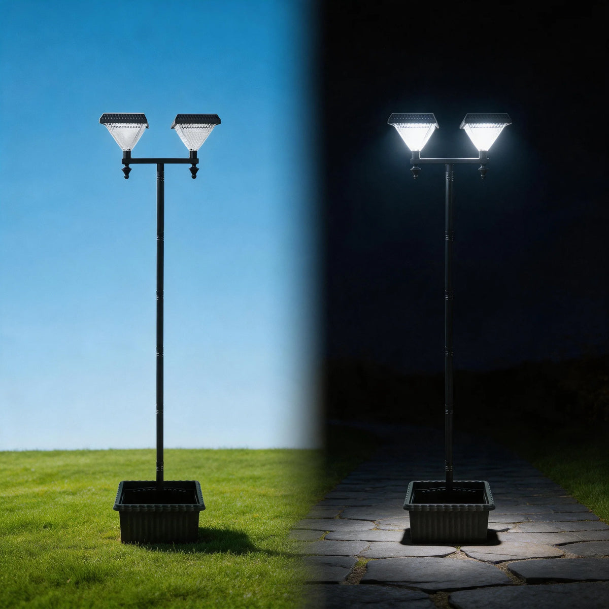 Solar Street Lights Outdoor Double Head Solar Lamp Post with Planter Base 6 Adjustable Heights IP44 Waterproof LED Landscape Lighting Dusk to Dawn Auto On Off with Ground Stakes for Garden Yard Patio Pathway
