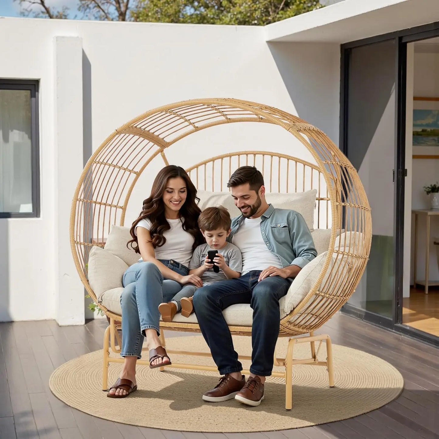 Metal Frame Egg Wicker Loveseat With Cushion Outdoor Rocking Chair