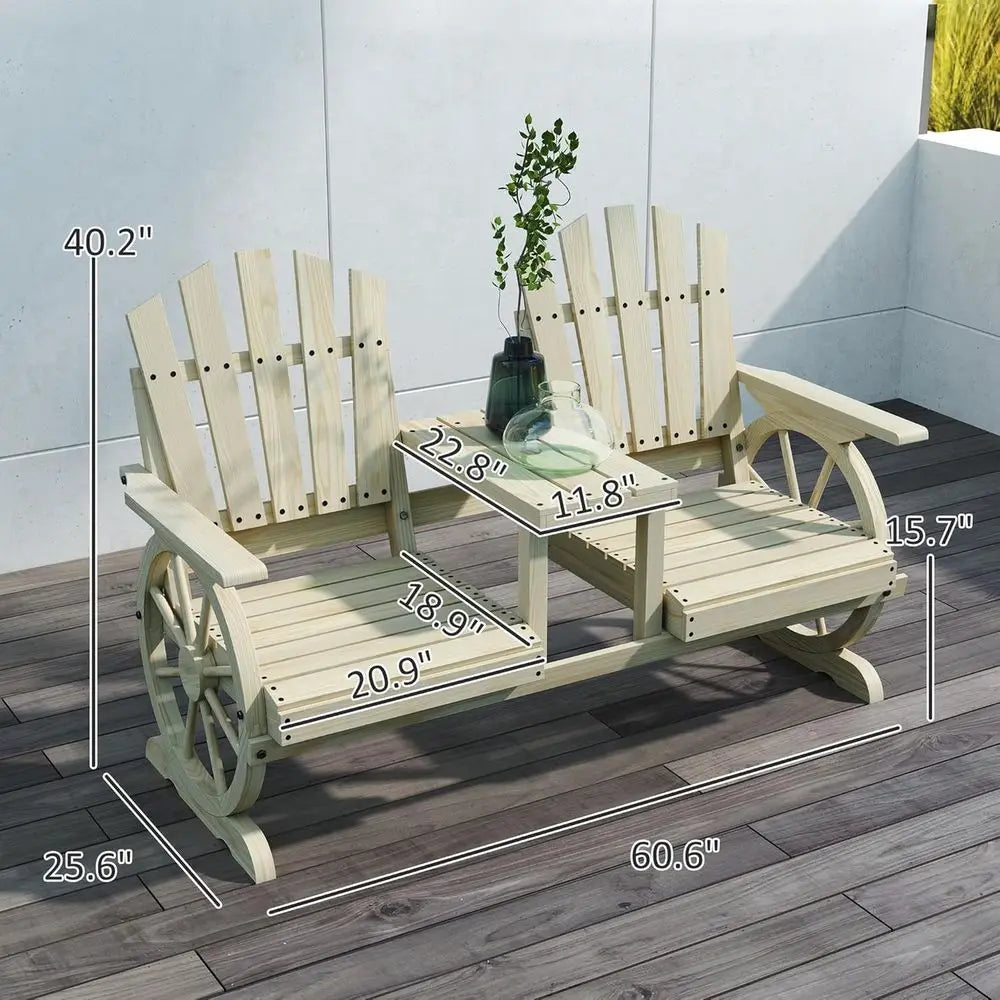2-Seater Wooden Garden Bench with Table, Umbrella Hole, Wagon Wheel Design, Slatted Seat, High Backrest, Armrests