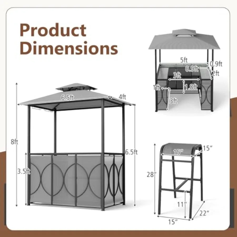 3-Piece Patio Bar Set for outdoor dining: grey powder-coated metal frame, tempered glass bar table, integrated glass holders an