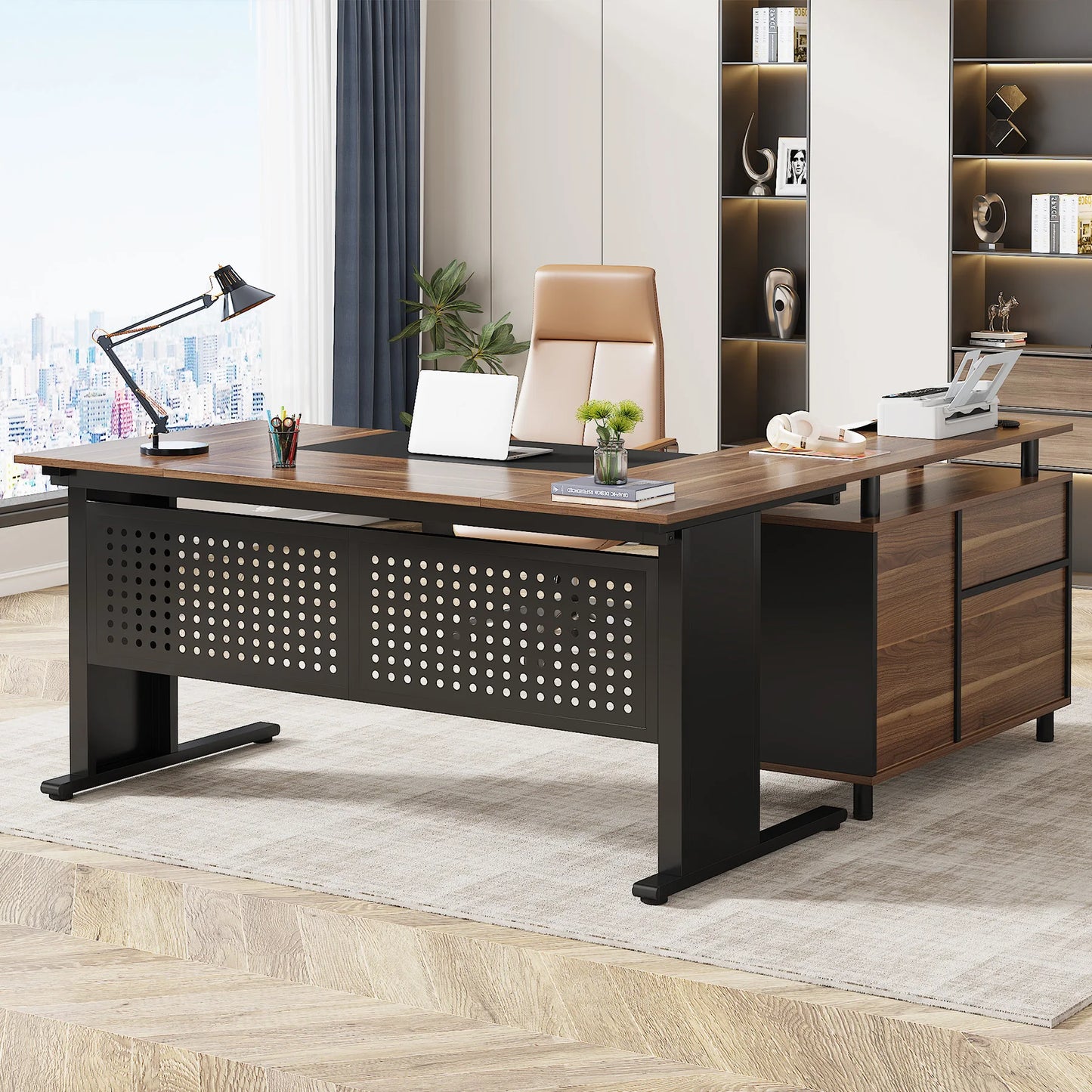 Tribesigns 63 Inch Executive Desk with File Cabinet, Large Office Desk L Shaped Computer Desk with Drawers and Storage Shelves