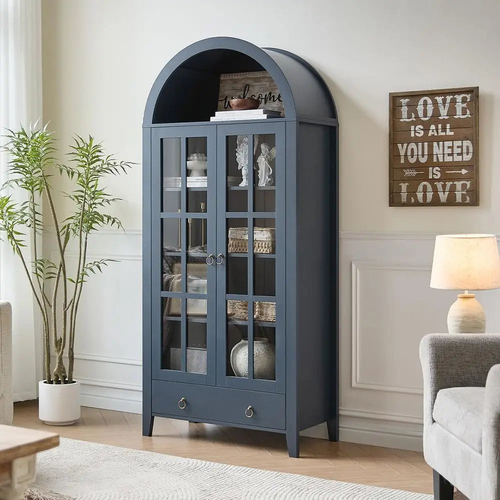 Bamboo Arched Display Cabinet With Glass Doors And Adjustable Shelves