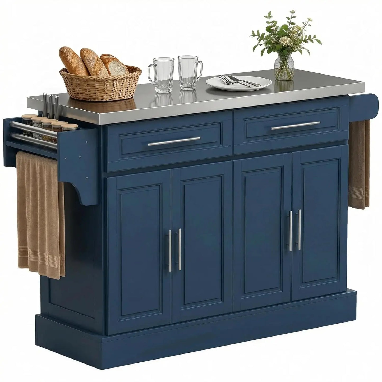 Rolling Kitchen Island Cart 47" Stainless Steel Top, Portable Table with Wheels Adjustable Shelves 2 Drawers Spice Knife Towel R