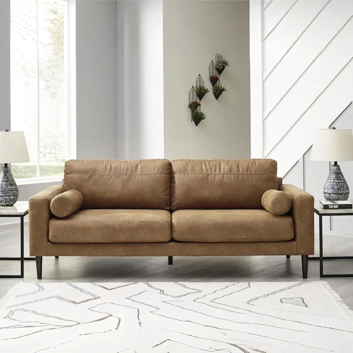 Faux Leather Sofa with Bolster Pillows Loose Cushions Faux Wood Accent Legs 85"x35"x35" Dark Brown Customized