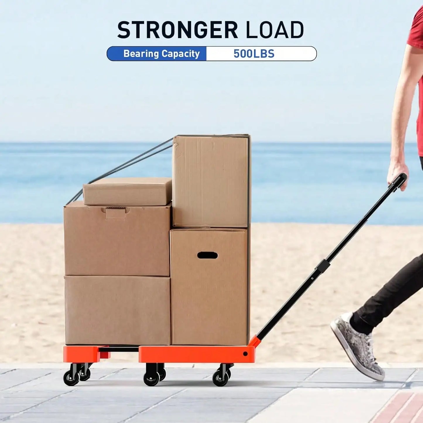 SPACEKEEPER Folding Hand Truck, 500 LB Heavy Duty Luggage Cart, Utility Dolly Platform Cart With 6 Wheels & 2 Elastic Ropes For