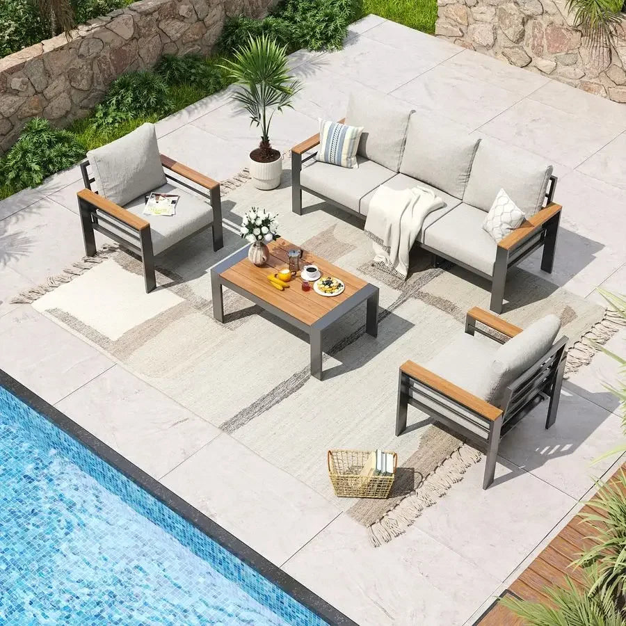 Aluminum Patio Furniture Set 5 Seats, Oversized Outdoor Sectional with Washable Thick Cushions, Coffee Table, Patio Conversatio