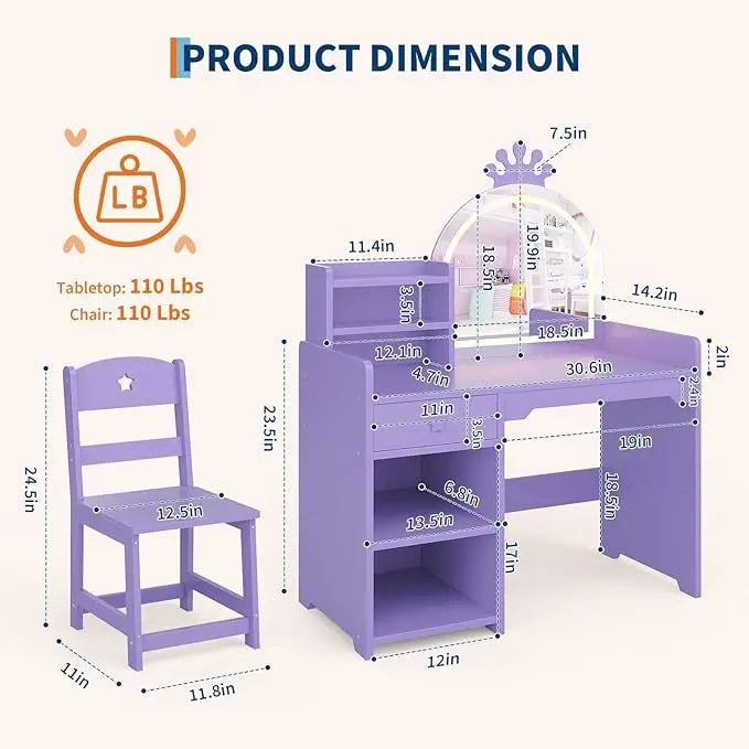 HiMISS Kids Vanity With Lights Princess Makeup Desk And Chair