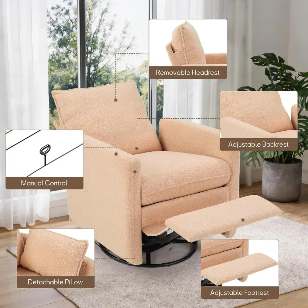Teddy Swivel Rocker Recliner, Upholstered Nursery Glider with 2 Removable Pillows for Living Room, Custom