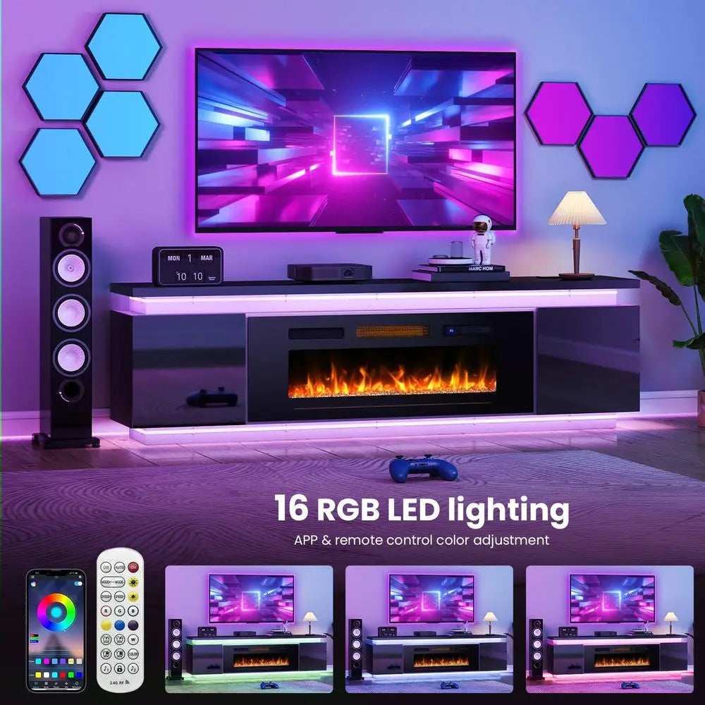 Fireplace TV Stand for 80 Inch TV, Farmhouse Entertainment Center with 42 Fireplace amp LED Lights, Modern Media Console Table
