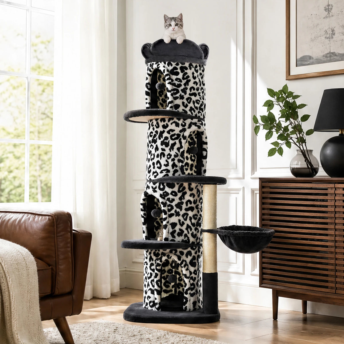Large Cat Tree with 4 Spacious Condos Thick Scratching Post Flower Top Bed Tall Cat Tower for Indoor Luxury Cat House Bed Toys