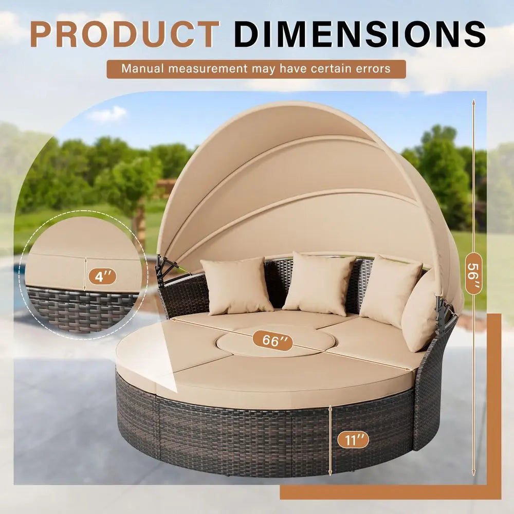 Round Patio Daybed with Retractable Canopy, Clamshell Wicker Sectional, Outdoor Wicker Furniture Daybed for Backyard, Poolside,