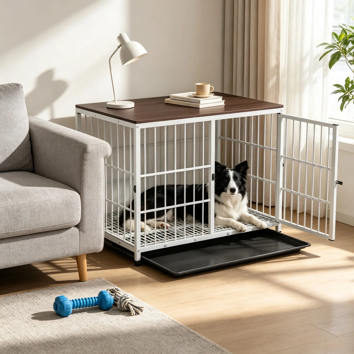 Bingopaw Wooden Dog Crate With Metal Frame And Removable Tray