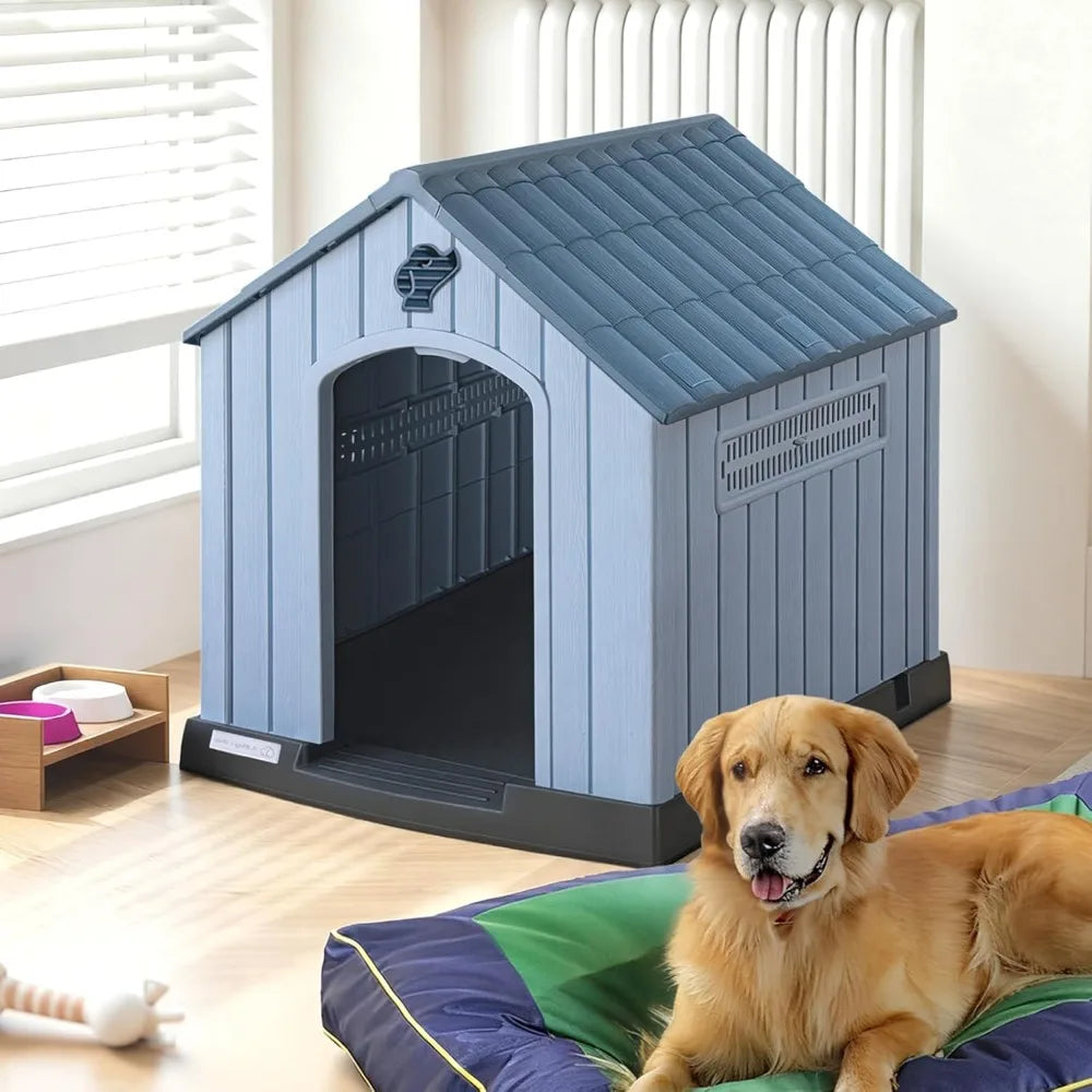 PUKAMI Weatherproof Plastic Dog House With Ventilated Outdoor Shelter