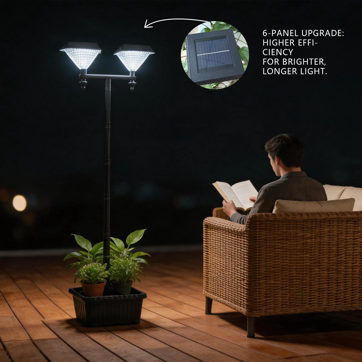 Solar Street Lights Outdoor Double Head Solar Lamp Post with Planter Base 6 Adjustable Heights IP44 Waterproof LED Landscape Lighting Dusk to Dawn Auto On Off with Ground Stakes for Garden Yard Patio Pathway